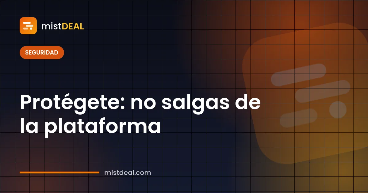 Portada que advierte contra las estafas de pago fuera de la plataforma y muestra un pago protegido con garantía