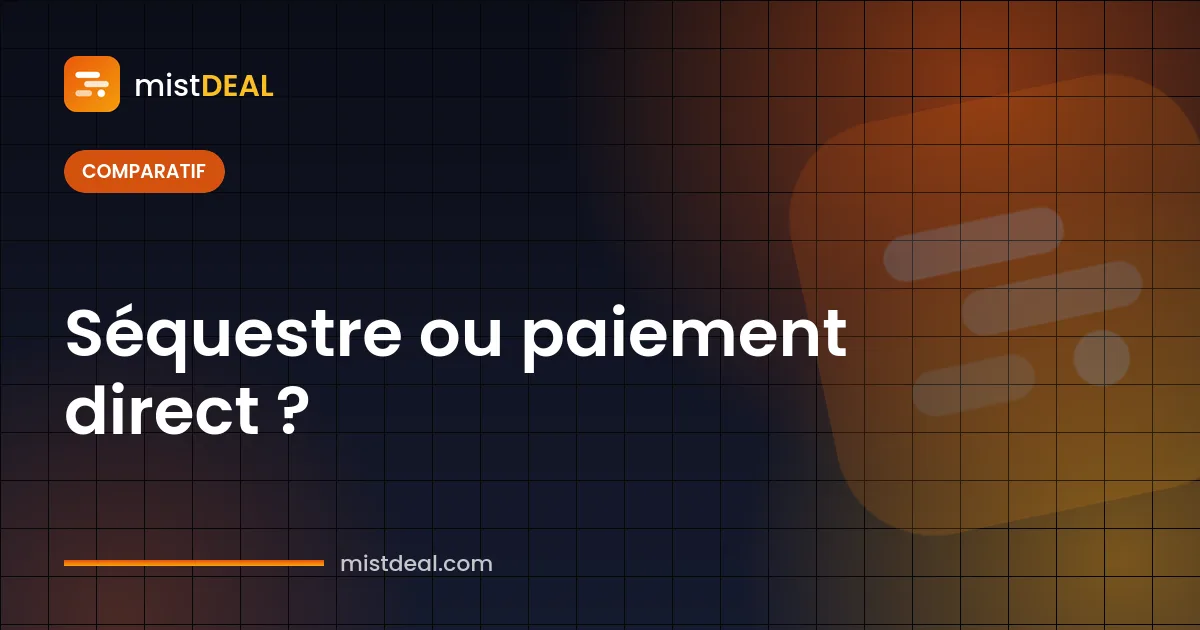 Couverture comparant séquestre (escrow) et paiement direct, avec deux circuits de paiement différents