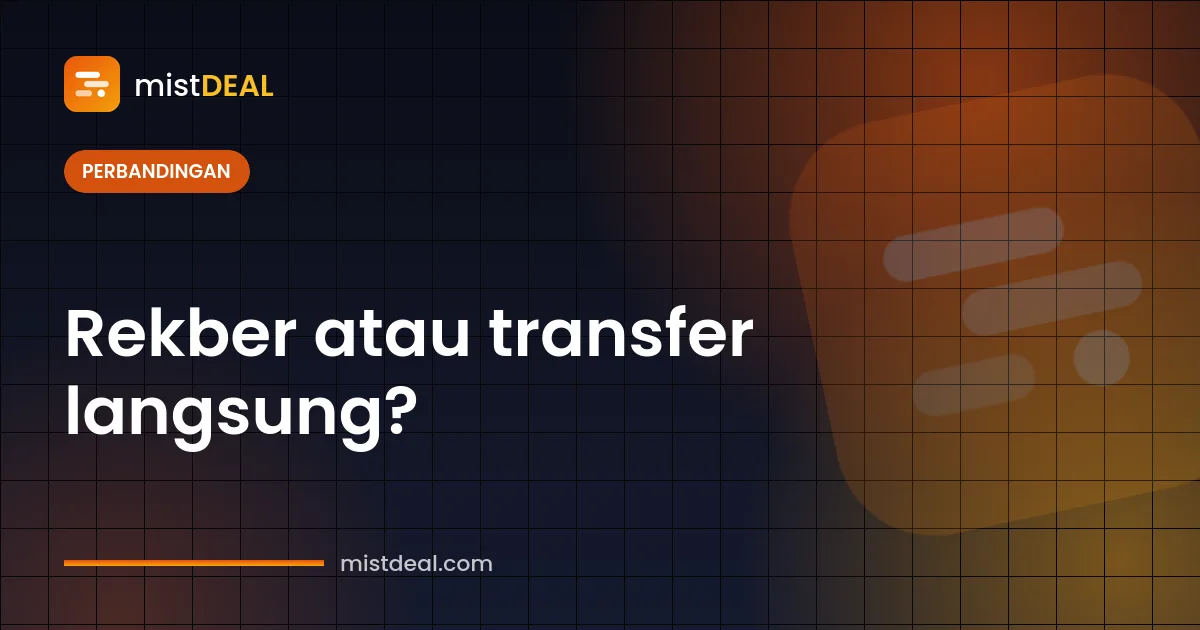 Sampul perbandingan rekber (escrow) vs transfer langsung, menampilkan dua jalur pembayaran berbeda