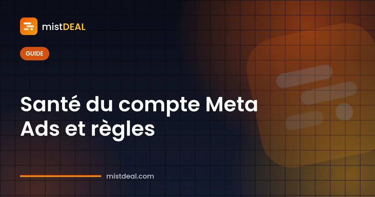 Couverture montrant un avis de compte publicitaire Facebook restreint et les étapes de contrôle de la santé du compte Meta Ads