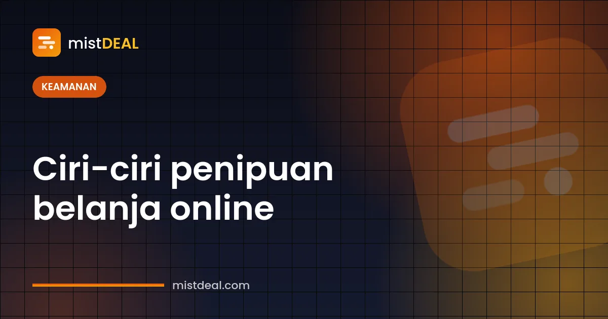 Tanda peringatan dan kaca pembesar yang menggambarkan ciri-ciri penipuan belanja online di marketplace