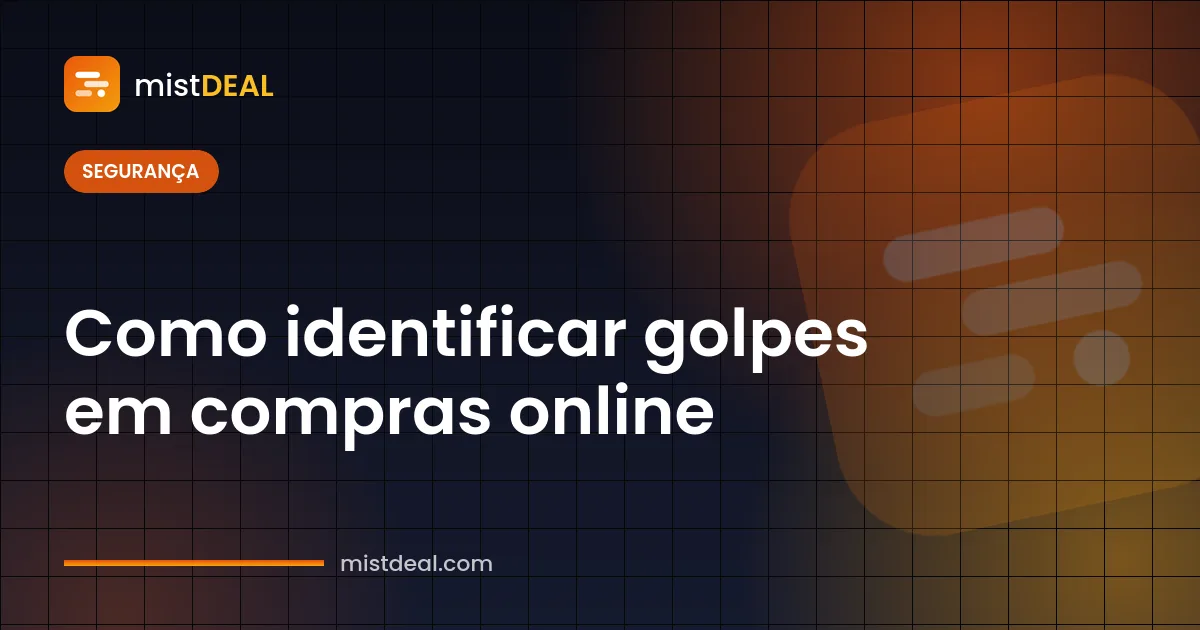 Sinais de alerta e lupa ilustrando como identificar golpes em compras online e marketplaces