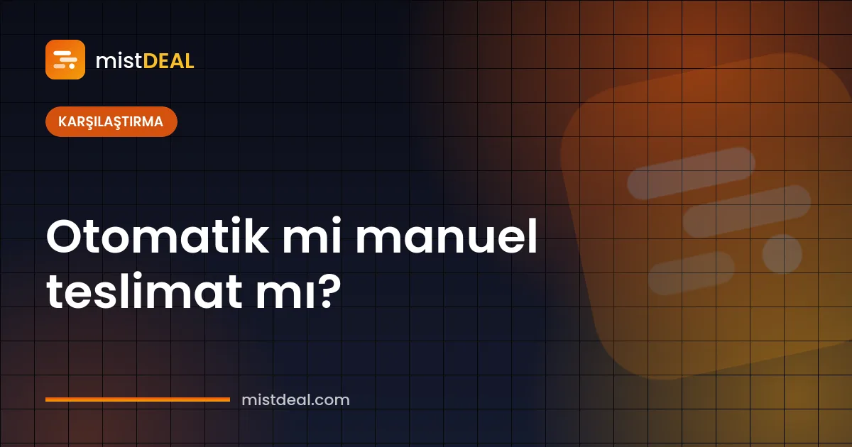 Otomatik teslimat ve manuel teslimat farkını gösteren, anında teslim ve elle teslim akışlarını karşılaştıran kapak