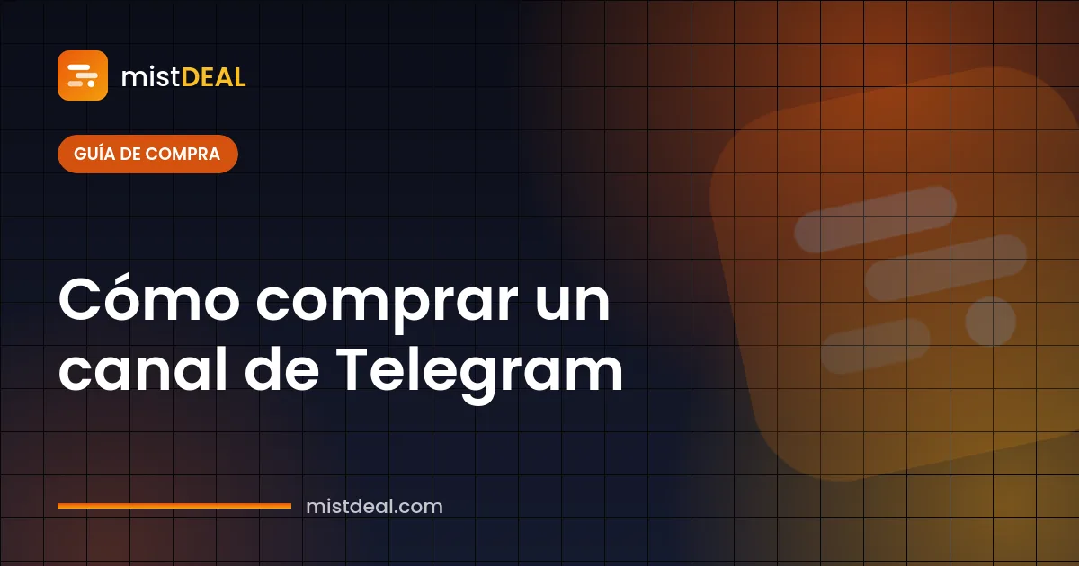 Portada de una guía para comprar un canal de Telegram, con estadísticas del canal y pasos de transferencia de propiedad