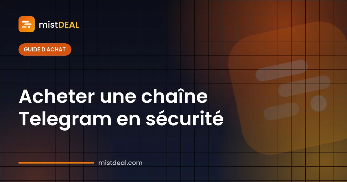 Couverture d'un guide pour acheter une chaîne Telegram, avec statistiques de chaîne et étapes du transfert de propriété